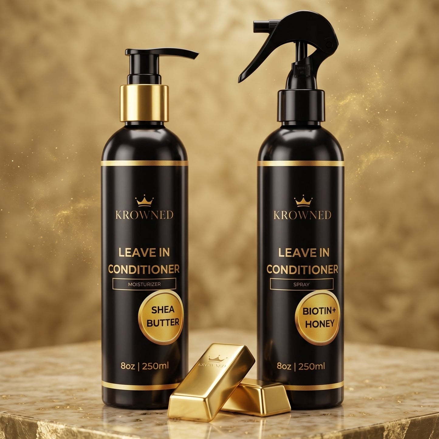 Two black KROWNED Leave In Conditioner bottles with gold accents, one pump bottle and one spray bottle, displayed on a gold marble surface with gold bars against a textured gold background.