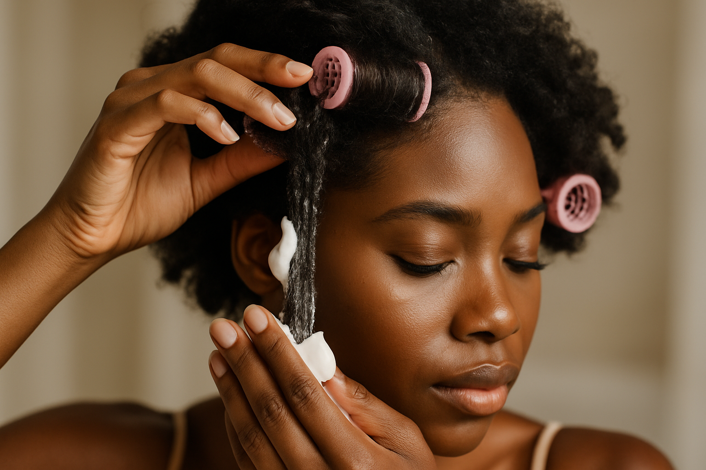 A high-resolution photo of a Black woman with natural hair, carefully applying a medium amount of mousse while placing rollers into her hair. Natural lighting, beauty/luxury vibe.