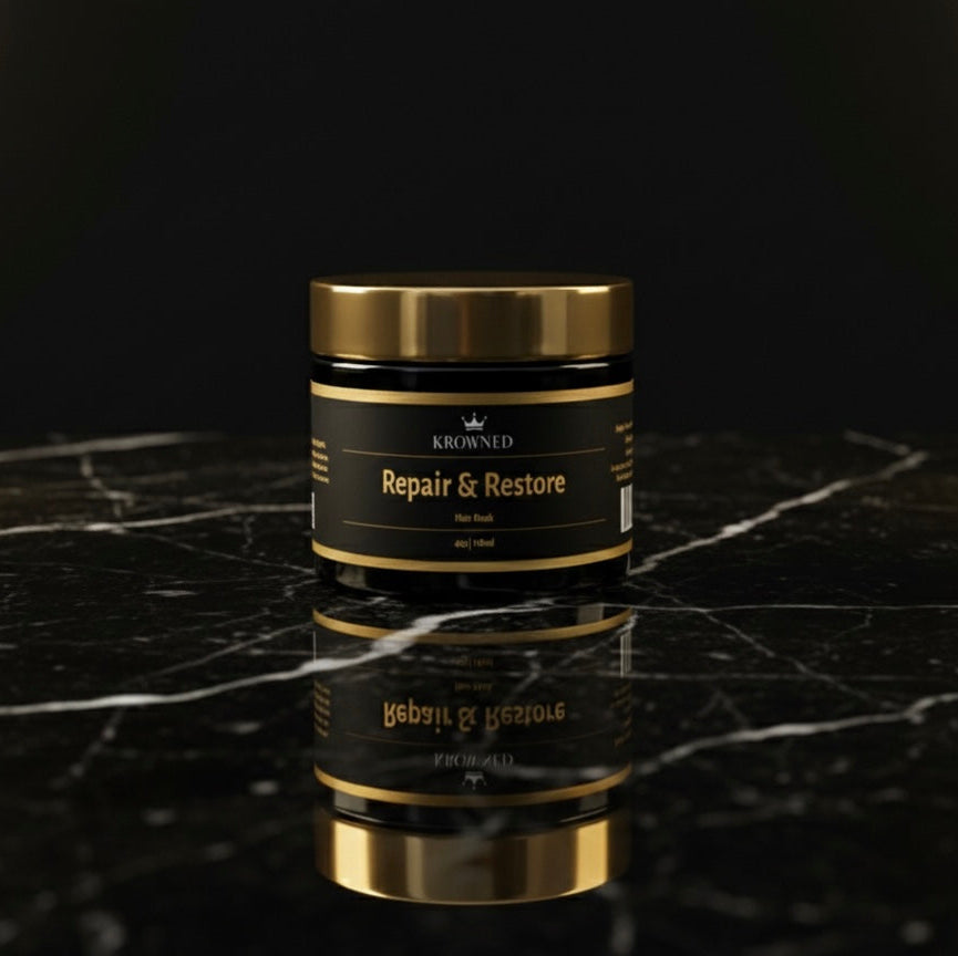 Jar of 'Repair & Restore' on a reflective black surface with a dark background