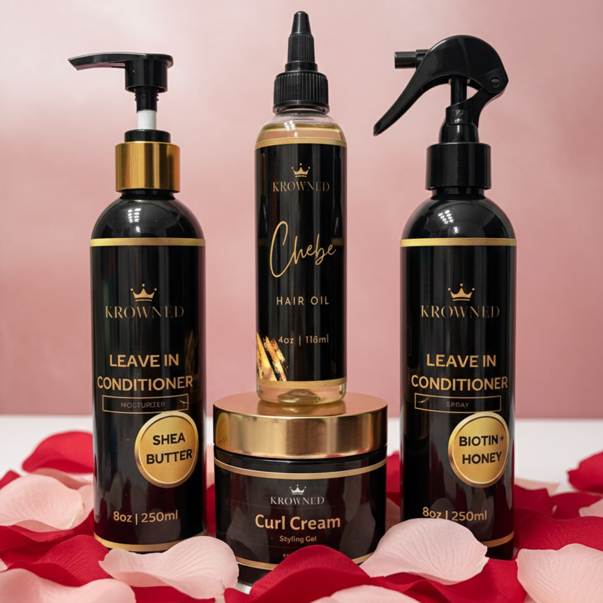 Krowned hair care products including leave-in conditioners and hair oil on a pink background with rose petals.