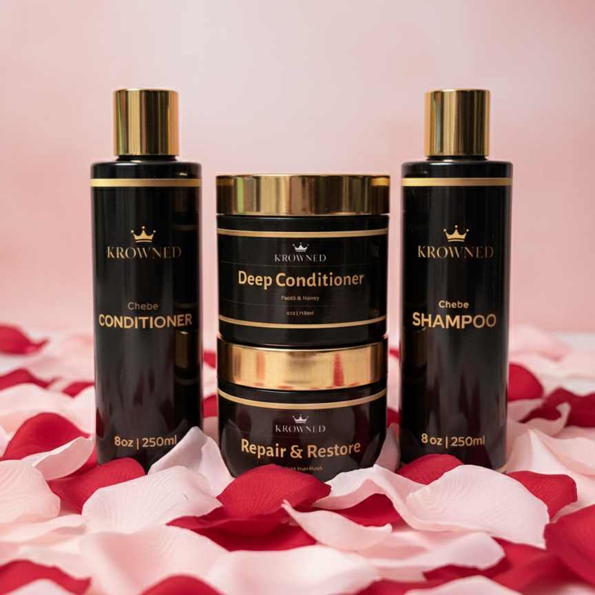 KROWNED hair care products including shampoo, conditioner, and repair & restore on a pink and red flower petal background.