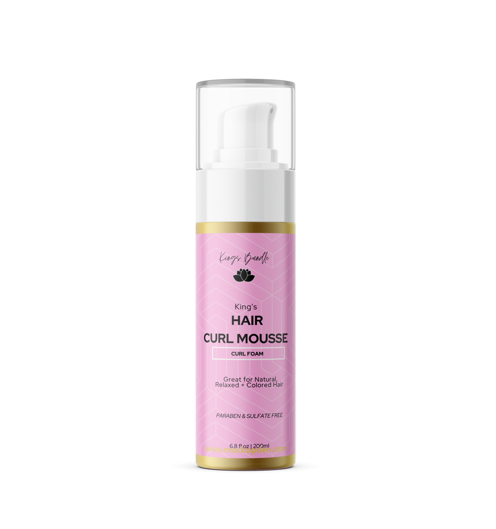 Pink bottle of King's Hair Curl Mousse on a white background
