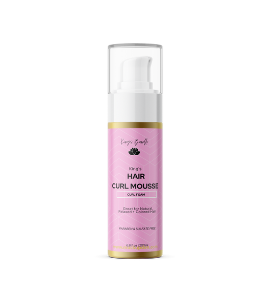 Pink bottle of King's Hair Curl Mousse on a white background