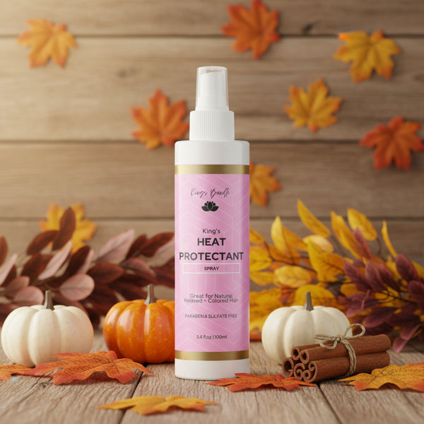 Heat protectant spray bottle with pink label on a white background