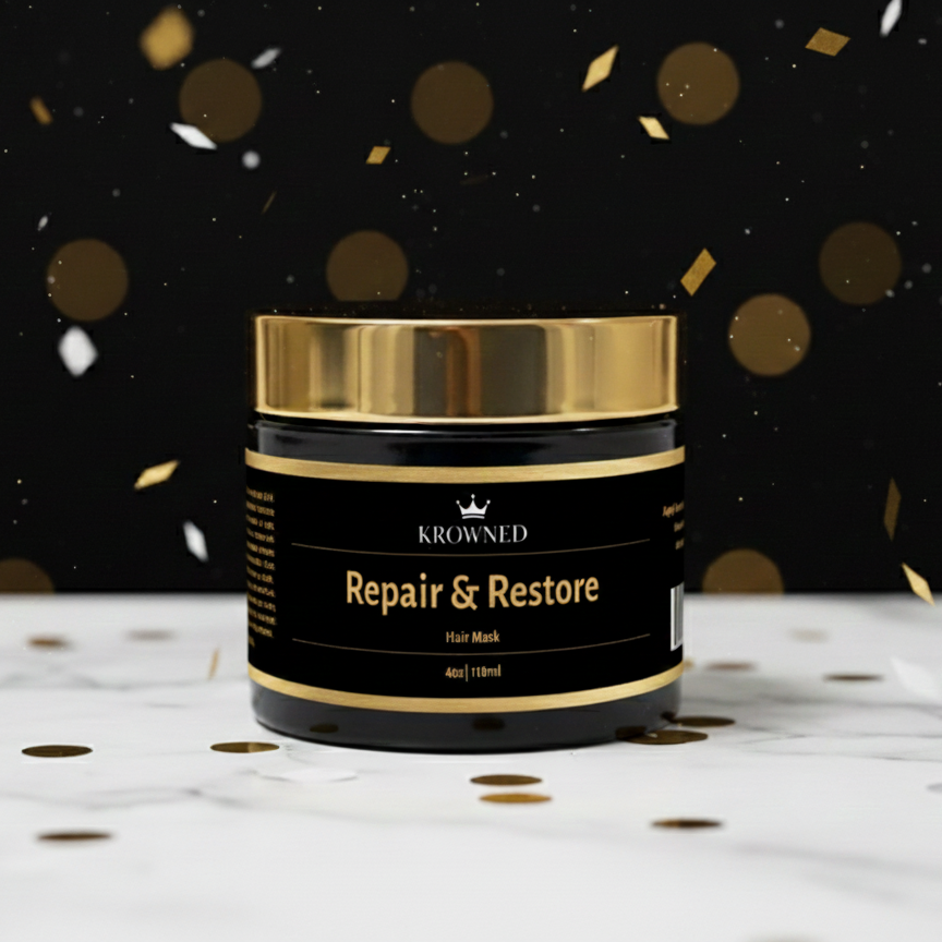KROWNED Repair & Restore hair mask jar with gold accents on a black and white background