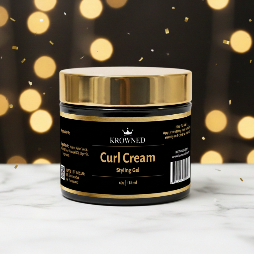 Krowned Curl Cream on a marble surface with a bokeh light background