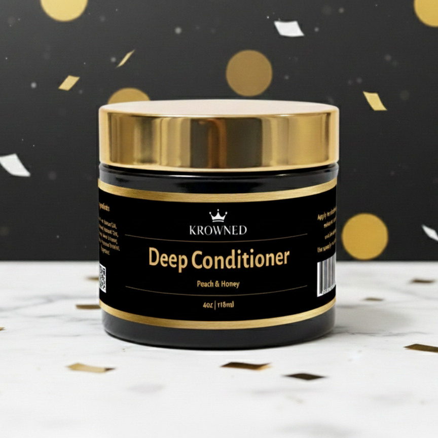 Krowned Deep Conditioner jar with gold lid on a white surface with confetti background