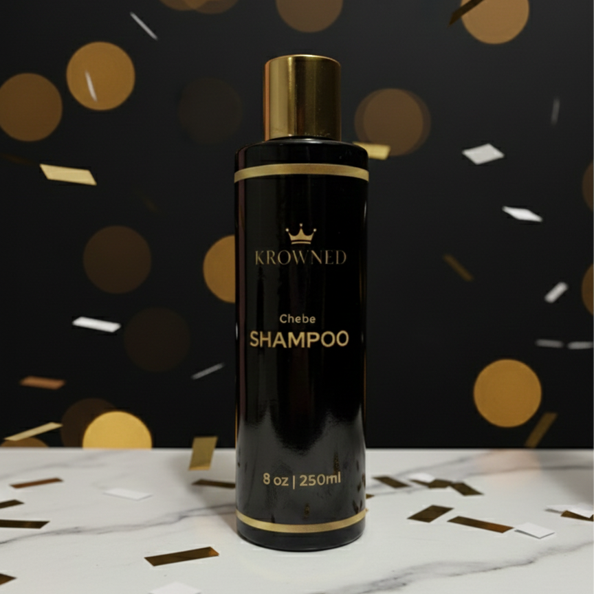 Krowned shampoo bottle with confetti on a dark background