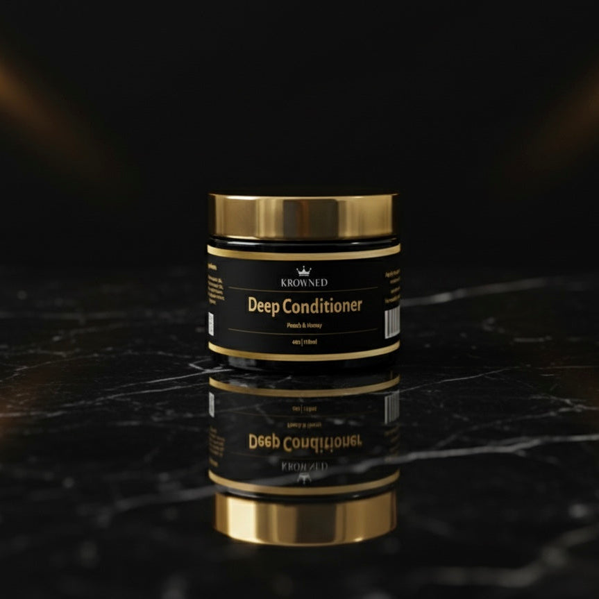 Krown Deep Conditioner jar on a reflective black surface with a dark background