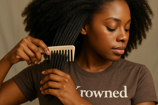 A realistic, high-resolution photo of a woman with natural hair, carefully detangling her hair with a wide-tooth comb. The shot should be close-up, focusing on her hair and hands as she gently works through the strands, showing defined texture and smoothness. She is wearing a shirt that says ‘Krowned.’ Do not show any product bottles — only the comb, her hands, and the hair. Natural lighting, beauty/luxury vibe, highlighting the healthy, polished look.