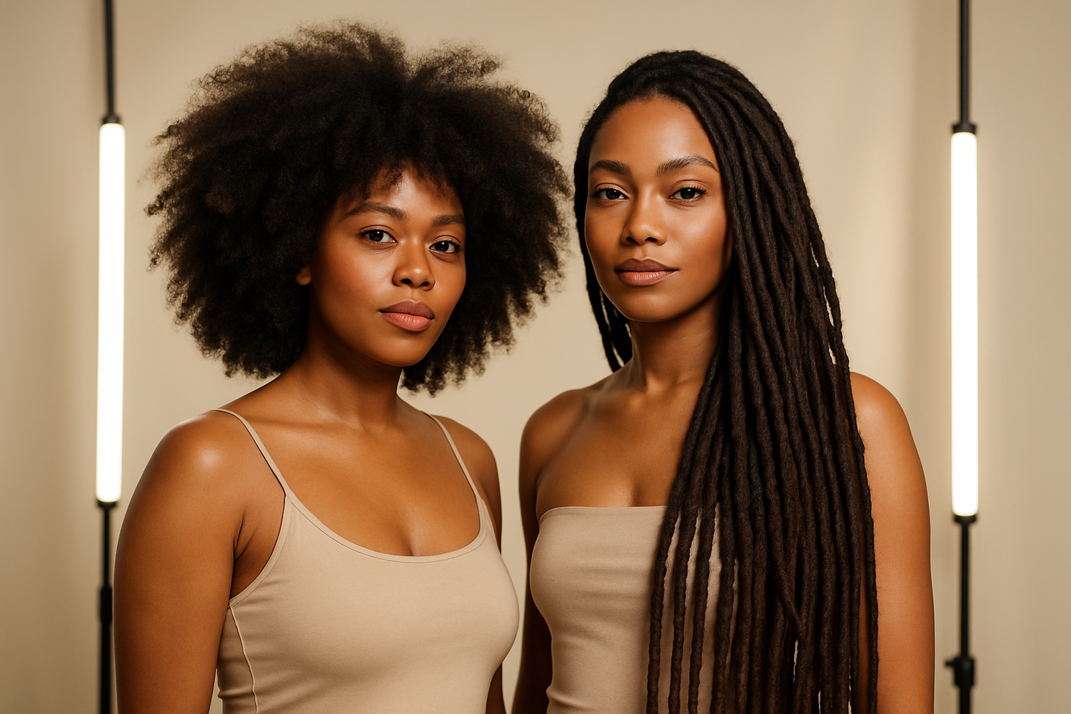 Create a realistic photo shoot scene of two women with natural long hair — one with voluminous kinky curly hair and the other with long flowing locs. The models should look lifelike, confident, and radiant. Place them in front of a soft cream background with glowing white LED studio lights, giving the shot a polished, high-fashion photo shoot look.