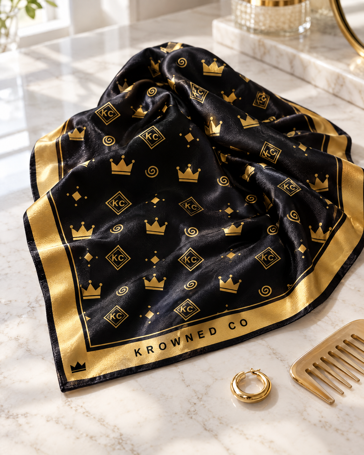 Krowned satin scarf draped on a marble vanity with a gold comb and hoop earring