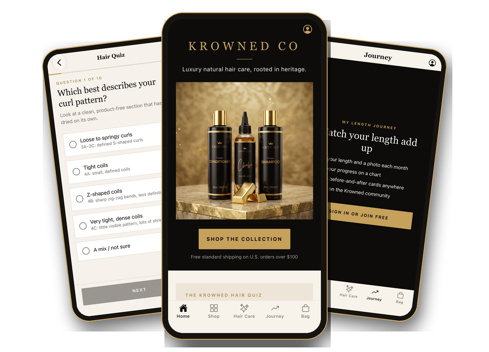 The Krowned app: hair quiz, home screen and length journey